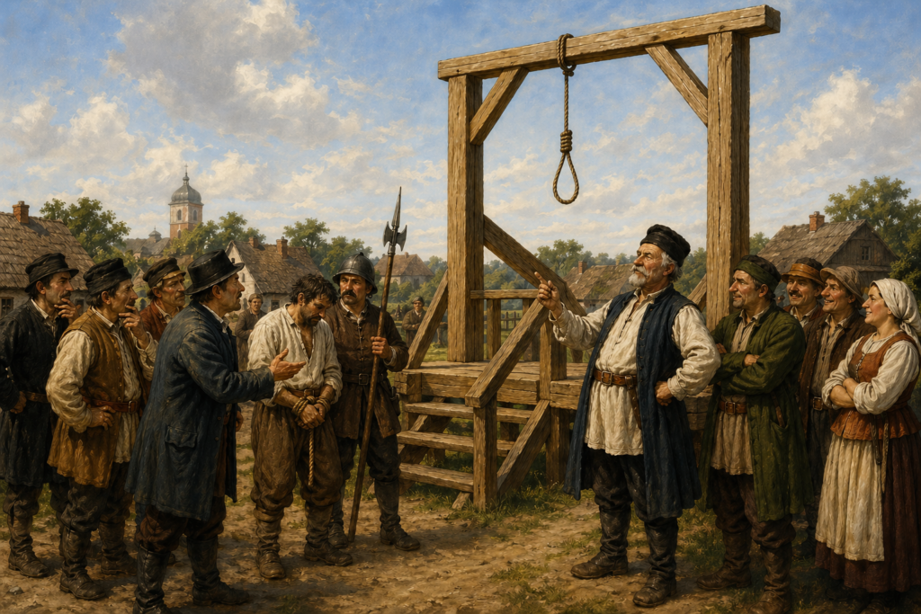 Szubienica w Maszewie. Grafika: stargardzkielegendy.pl / Chat GPT 5.0